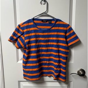 C.B. Casual orange/blue striped t-shirt, size small, fits like medium